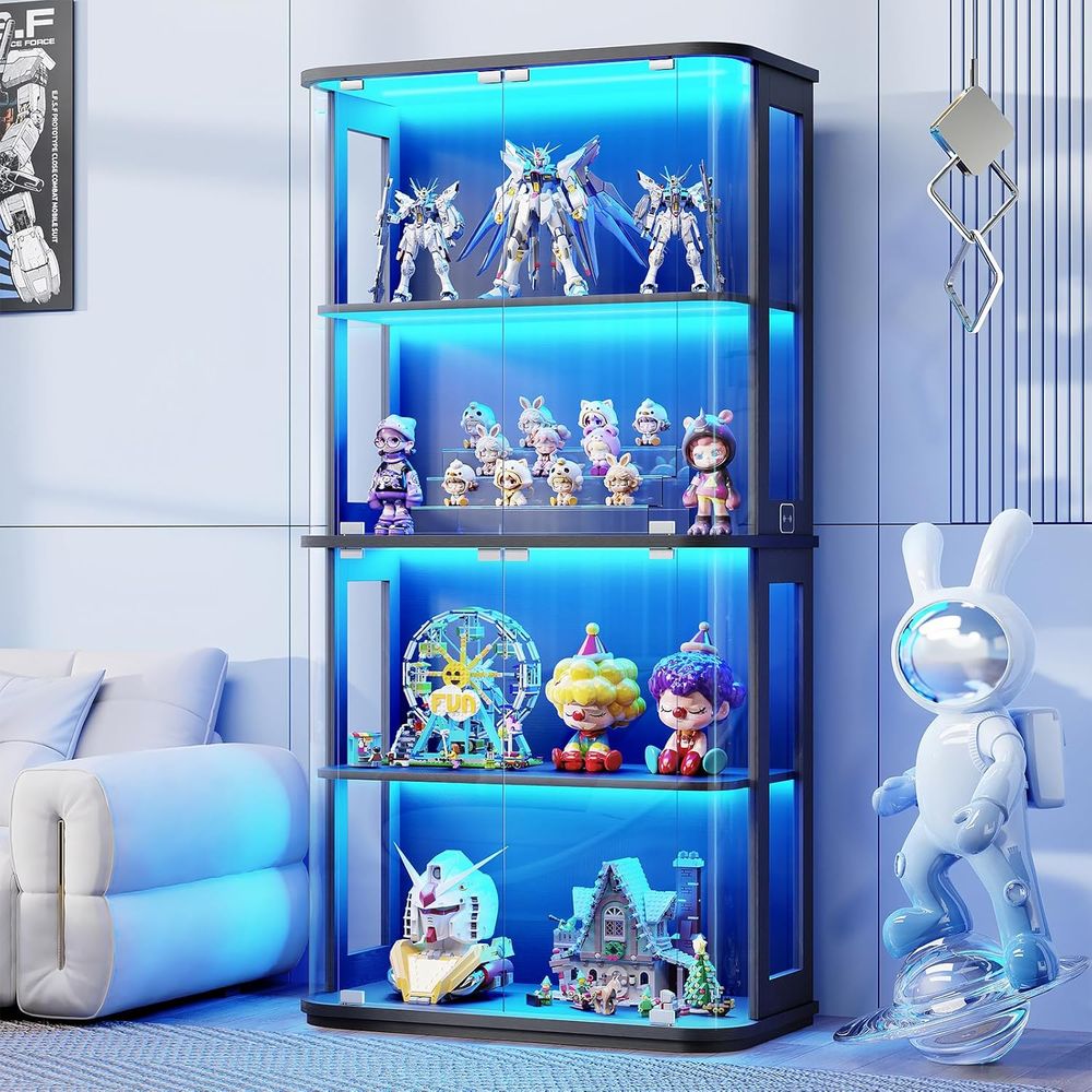 Glass Cabinet Display - ตู้โชว์ทรงโค้งมนพร้อมประตูกระจก ตู้โชว์ 4 ชั้นพร้อมพื้นผิวโปร่งใสสำหรับโชว์ของสะสมหรือของตกแต่ง ตู้โชว์กระจก