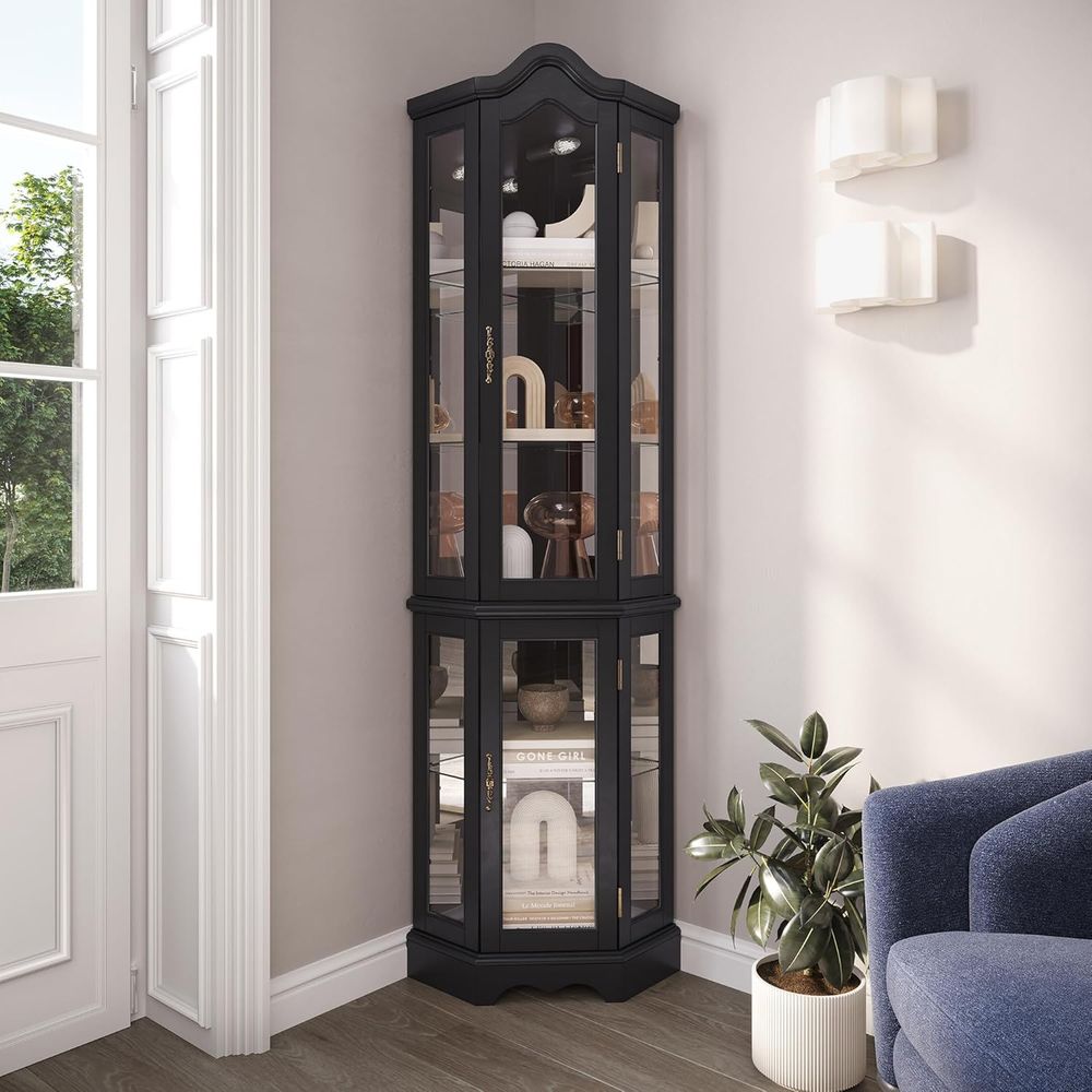 Glass Cabinet Display - ตู้โชว์กระจก 3 ด้านแบบมีไฟ พร้อมประตูกระจกนิรภัยและชั้นวางของ ตู้ไม้โค้งพร้อมหลอดไฟ ชั้นเก็บของ