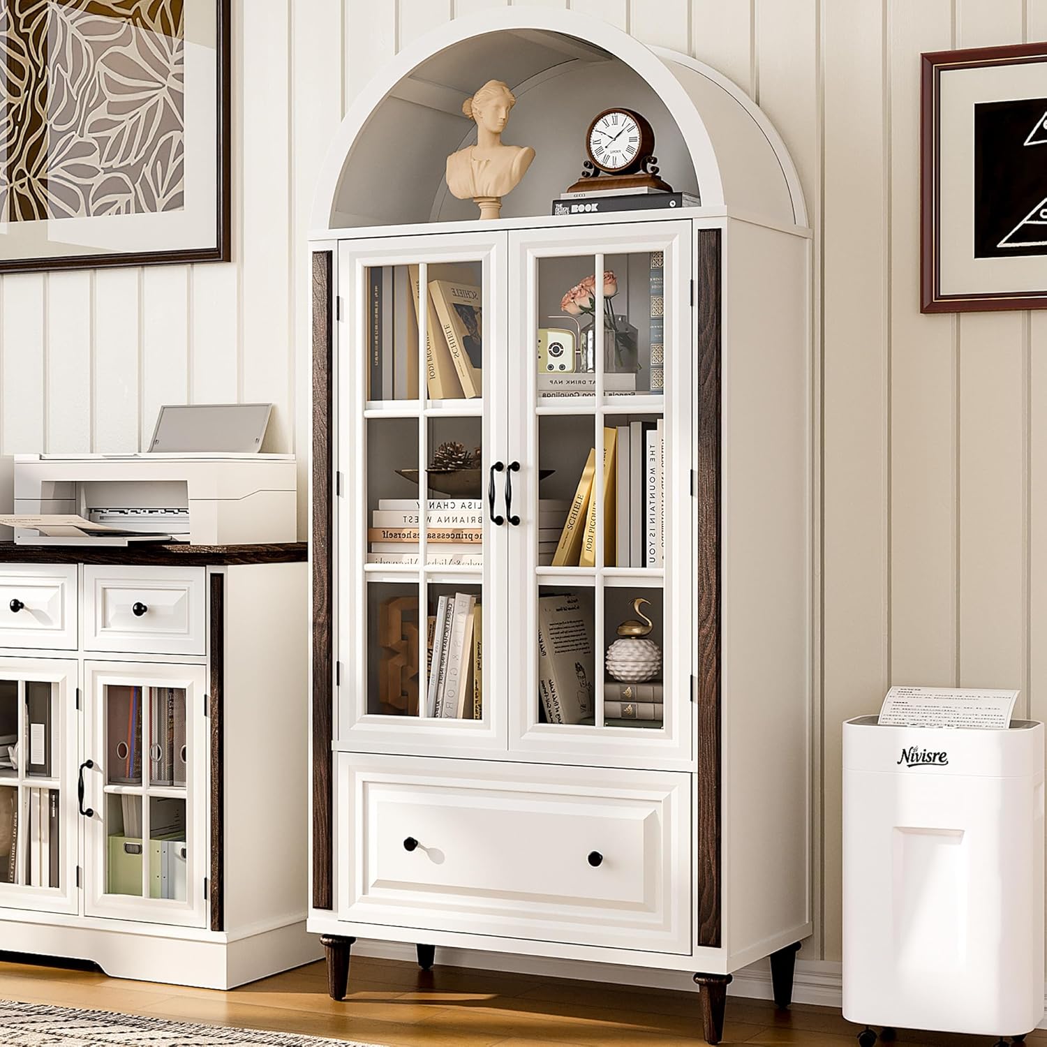 Glass Cabinet Display - ตู้หนังสือโค้งทำมือขนาด 71 นิ้ว, ตู้เก็บเอกสารสำหรับโฮมออฟฟิศ, ตู้โชว์ไม้พร้อมประตูกระจก, ปรับแต่งได้