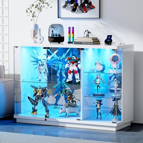 Glass Cabinet Display - ตู้โชว์กระจกพร้อมกุญแจและไฟ LED, ตู้ข้างแบบมันเงาพร้อมเซ็นเซอร์ตรวจจับความเคลื่อนไหวและชั้นวางกระจก, ตู้โชว์สำหรับ